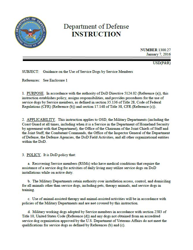 Image of the Department of Defense Instruction containing Guidance on the Use of Service Dogs by Service Members Image of the Department of Defense Instruction containing Guidance on the Use of Service Dogs by Service Members